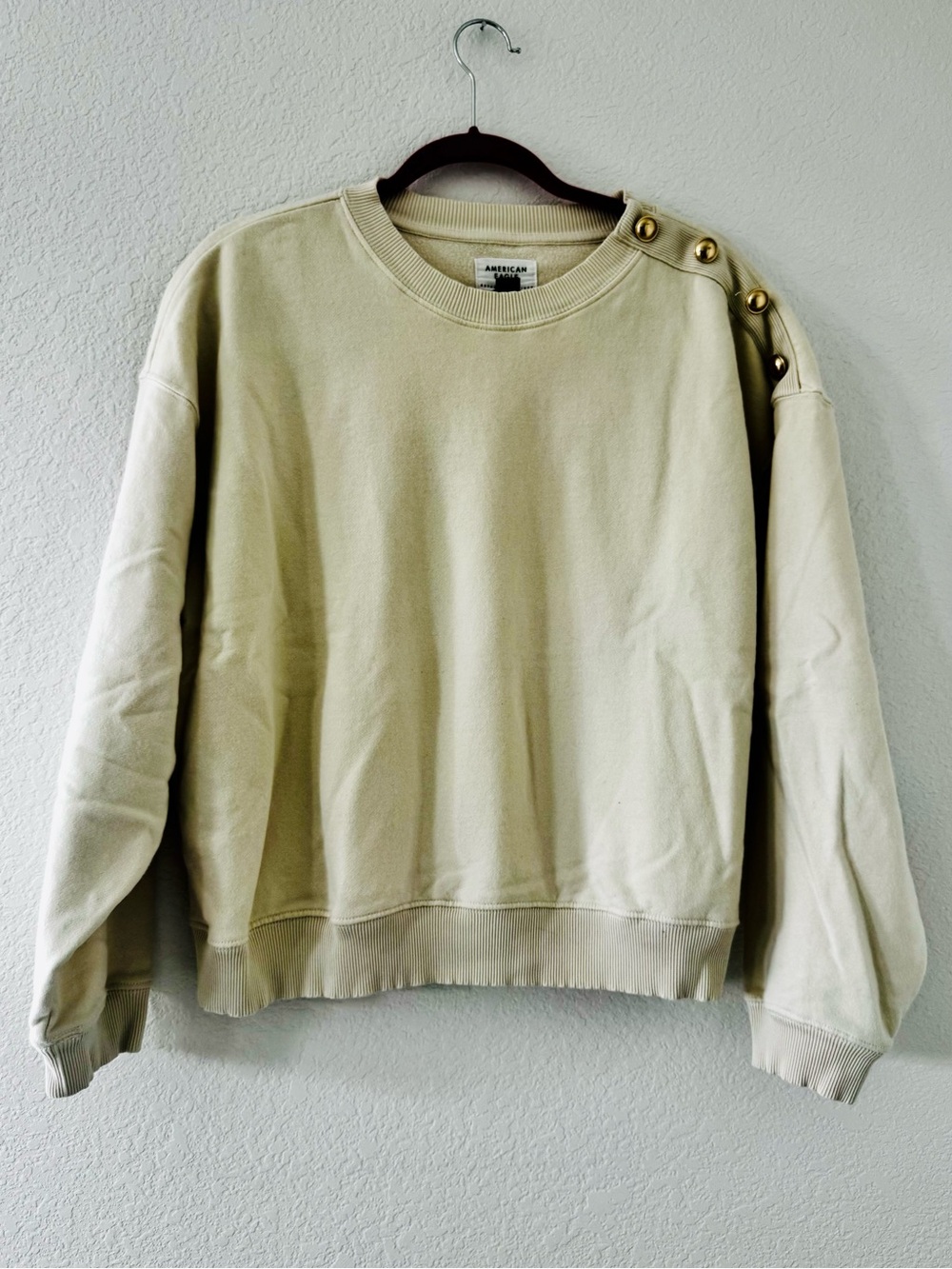 American Eagle Buttercream Crewneck Sweatshirt with Shoulder Buttons